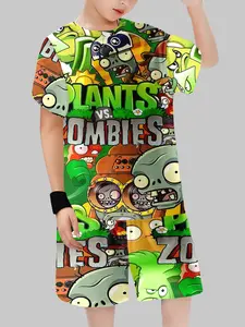 Boys' Plant Vs Zombies Print Unique Character Design Short Sleeve Top & Shorts Set, Cartoon Pattern, Casual Daily Wear, Fitted Style, Two-Piece