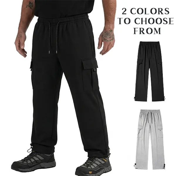 Men’s wide-leg cargo sweatpants, elastic drawstring waistband, multiple pockets on the sides, adjustable cuffs at the legs, available in black and gray.