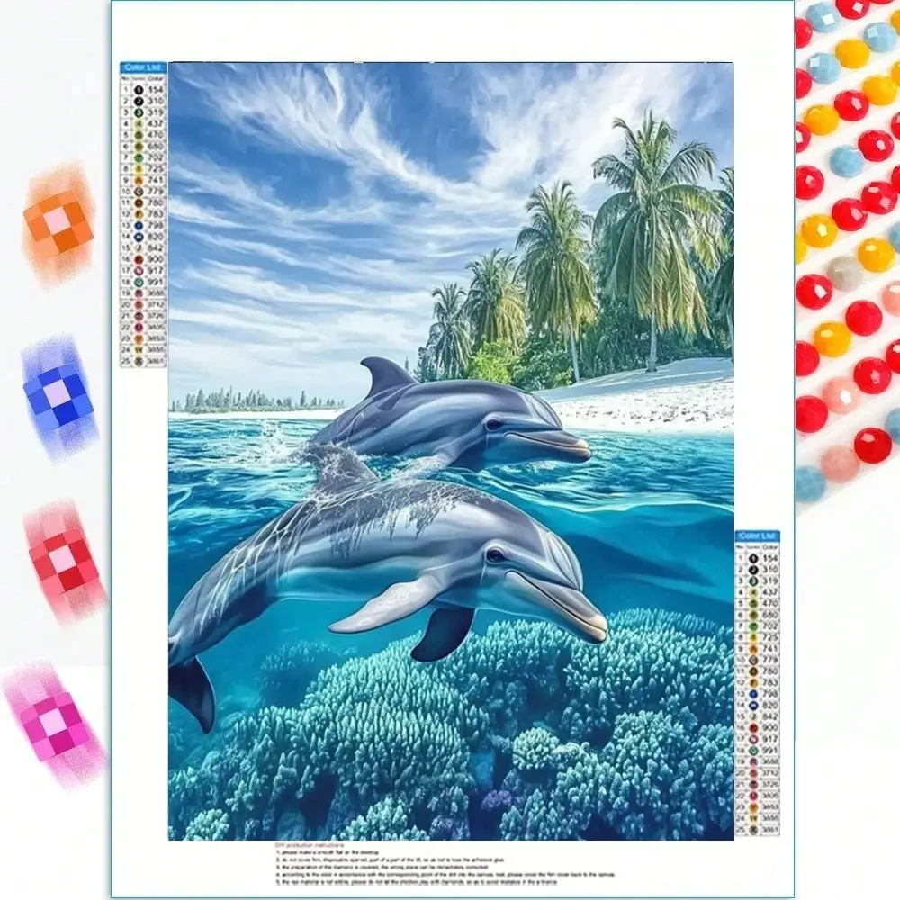 1 Set Of DIY Dolphin Beach Scene Ocean 5D Diamond Painting Set, Round Shiny Diamond Band Tools, Vibrant Marine Theme Canvas Art, Diamond Pattern Design, Suitable For Beginners, Great For Home Decoration, Frameless, Dolphin Decoration
