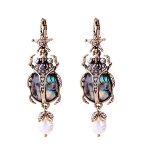 Earrings Beetle Bug Scarab Vintage Halloween Whimsical Jewelry Drop Dangle Earrings for Women with Unique Beetle Design and Abalone Shell Pendant Gift Egyptian Statement Pieces