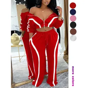 Fashion Women's Two-Piece Set, Colorblock Long Sleeve Casual, Short Top + Wide Leg Pants, Street Style Sportswear, Fall & Winter Essential