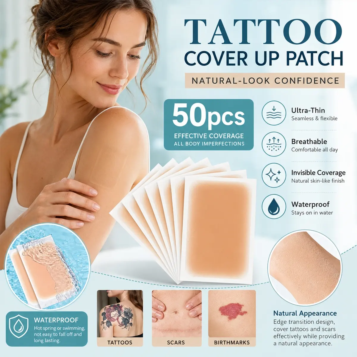 50 Pcs Tattoo Cover Up Patch for Covering Tattoos Scars Birthmarks,Ultra-Thin Breathable Scar cover up patch, Invisible Skin Tone Concealer Sticker,Waterproof sweatproof tattoo cover,Long lasting Easy to use and remove without residue