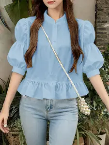 VONDA Women's Ruffled Stand Collar Half Sleeve Top, Bubble Sleeves, Pleated Hem Design, Cute, Versatile and Casual, Solid Color, Fashionable Ladies' Blouse
