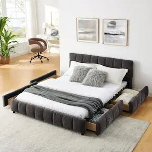 Niccae King Size Upholstered Bed ,comfortable upholstered bed frame, Chenille fabric, with headboard and solid bed frame. With drawer for storage.-Beige(88.5''*85.5''*31'')