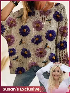 【Susan's Exclusive】Women's Knitted Long Sleeve Top, Womenswear, Knitwear, Floral Print Loose Fit Batwing Shoulder Design, Casual Elegant Vacation Style, Spring Summer Fall Wear