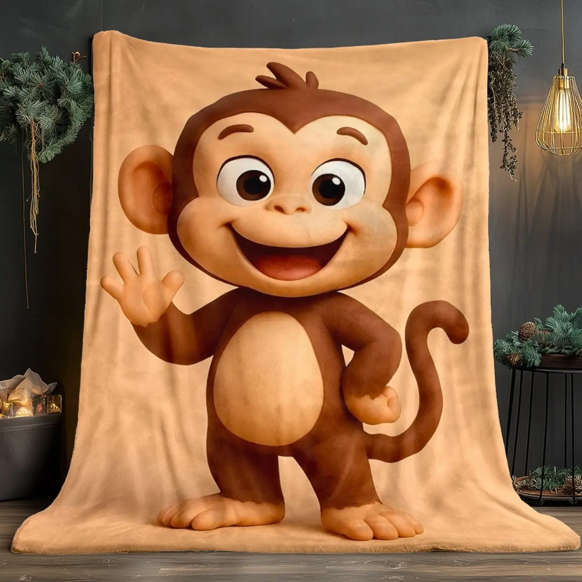 A High-Definition Printed Blanket Featuring a Happy Brown Monkey. This Soft And Warm Polyester Blanket Is Perfect for Travel, Camping, Or Use on a Sofa, in The Living Room, on a Recliner
