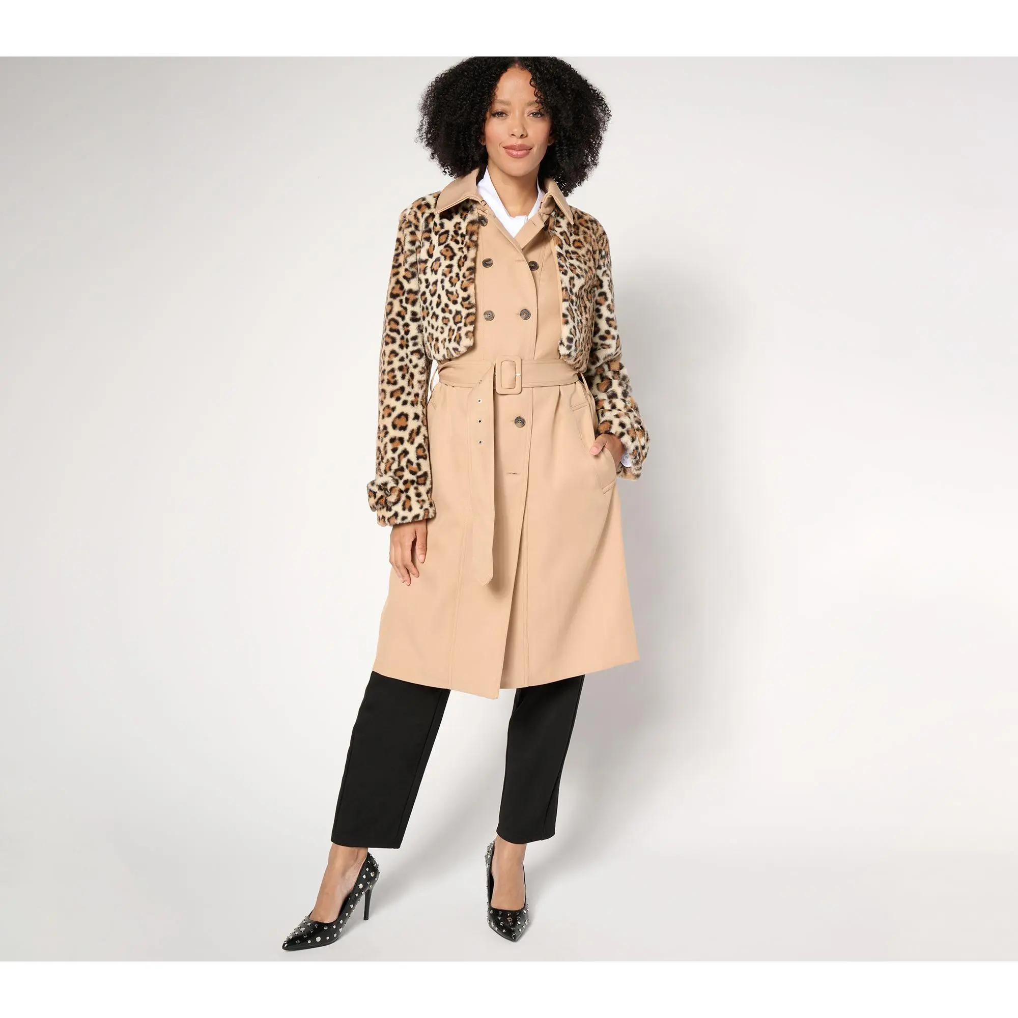 by Stacy London Petite Trench with Removable Jacket-Faux Fur