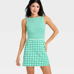 Women's Knit High Neck Active Dress - All In Motion Forest Green Gingham M