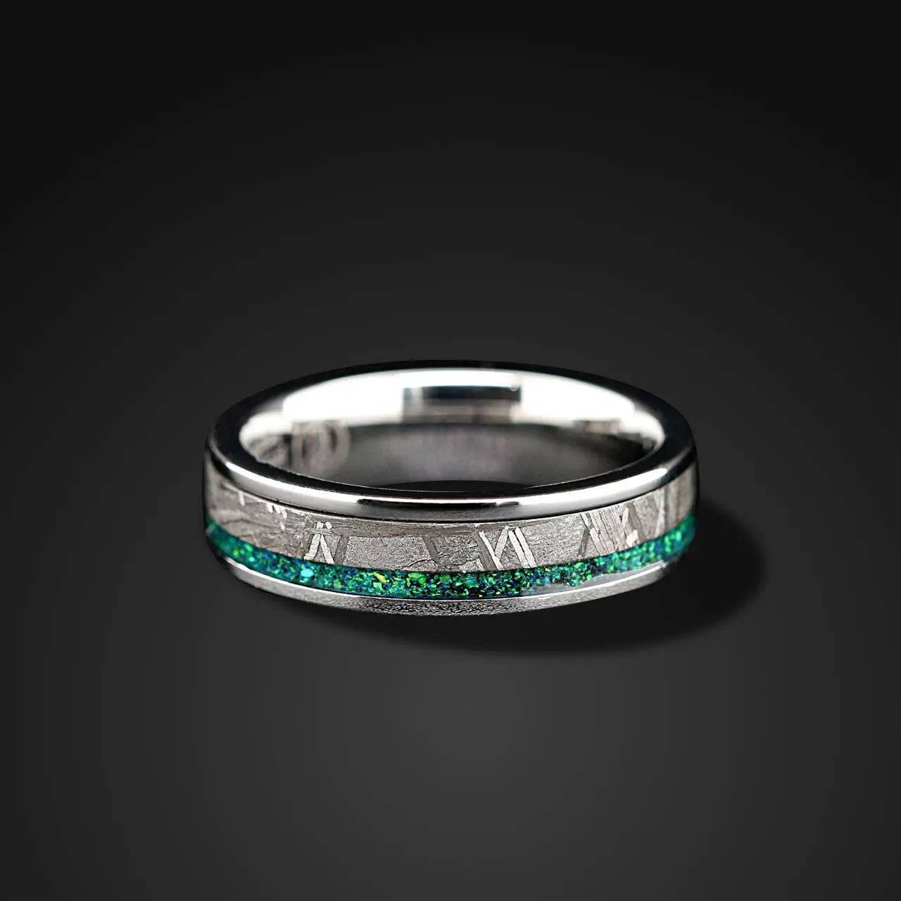 Meteorite Unity - Green Opal Wedding Band | Muonionalusta Meteorite Band for Men & Women
