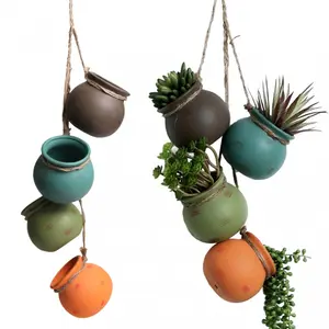 Ceramic hanging mini flowerpot, wall-mounted or ceiling-earth-colored hanging basket for indoor and outdoor decoration -4-piece set, Hanging Planters, Succulent Planter