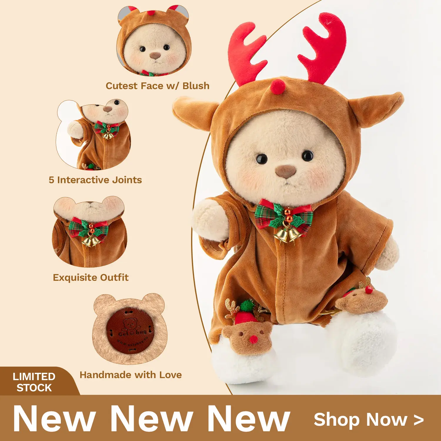Getahug Handmade Jointed Elk Bear Stuffed Animal - Christmas Plush Toy with Exquisite Outfit, Durable Fluffy Fabric, Moveable Joints, Soft Cuddly Gift for Kids