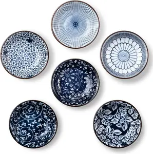 Ceramic Dipping Bowls 3 OZ Small Serving Bowls Set of 6 Mini Appetizer Plates for Condiments, Sauces & Meal Prep - Vintage Blue Stylish Design