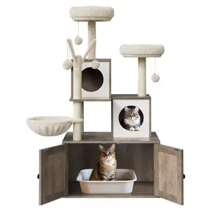 54" Tall 3-in-1 Cat Tree with Hidden Litter Box Enclosure, Multi-Level Cat Tower with Scratching Post, Hammock, Perch & Grooming Brush, Stable Indoor Cat House Furniture for Small/Medium Cats