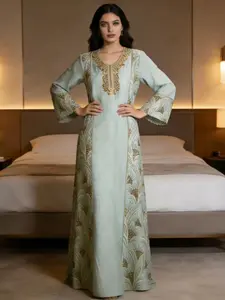 Middle East Trendy Muslim Abaya Dress, Sequined Patchwork Long Sleeve V Neck, High-End Ethnic Style Evening Gown for Parties, Modest Muslim Outfits