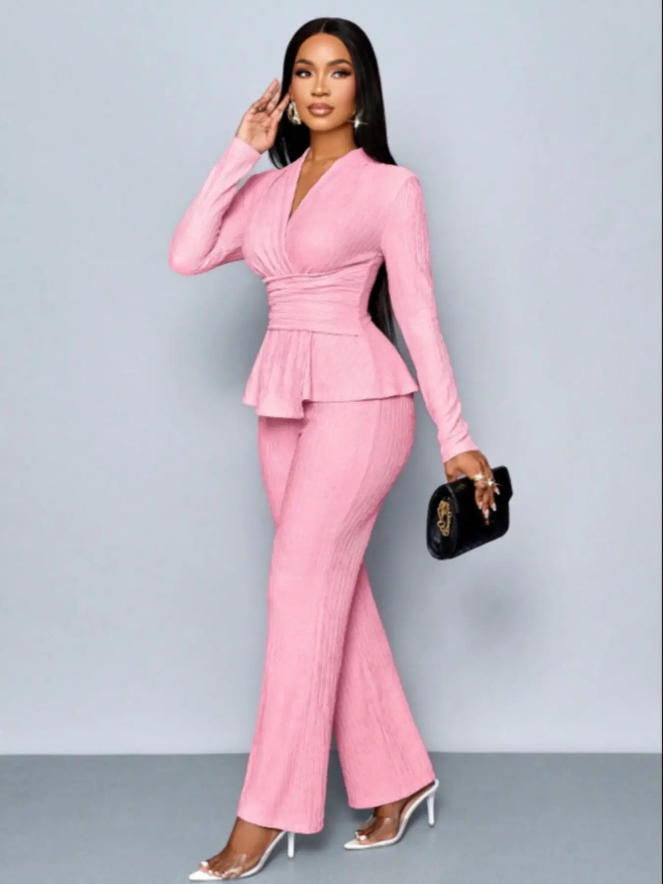 Women's Apricot Color Elegant Chic V Neck Long Sleeve T-Shirt And Wide Leg Pants Two Piece Set, Asymmetrical Hem Two-Piece Outfits, Casual Daily Wear Elegance, Womenswear Suits, Clothes, Coordinate, Casual Everyday Set, Matching Set Outfit