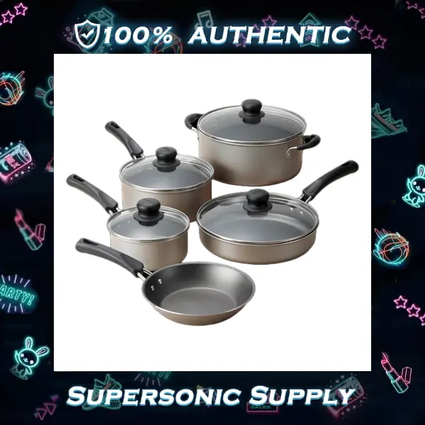 [Tramontina] 9-Piece Non-Stick Cookware Set Stay-Cool Handles & Tempered Glass Lids Gas/Electric/Ceramic Compatible (Champagne) Aluminium Oven