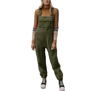 Women's Green Sherpa Fleece Overalls with Adjustable Straps Roomy Pocket Soft Elastic Jumpsuits Loose Fit Thick Workwear for Winter Skiing & Outdoor Activities Oversized Chunky Basic Casual Fitted Minimalist Womenswear Sleeveless Strappy