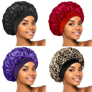 4 count Silk Bonnet for Sleeping, Satin Hair Bonnets, Soft Elastic Band Silk Sleep Cap, Hair Wrap for Women(Black  Red Purple )