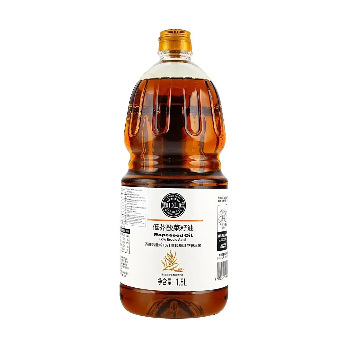 Pangdonglai Non-GMO Low Erucic Acid Rapeseed Oil, Cold Pressed, 1.8L Cooking Oil for Healthy Metabolism