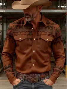 Men's Western Cowboy Patchwork Print Shirt, Vintage Workwear Pocket Long Sleeve Top, Casual High Street Style, All Seasons