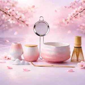8 Pcs Pink Matcha Whisk Kit Includes Bowl with Spout Whisk Holder Ceramic Tea Caddy Bamboo Scoop Rest Sifter Tea Towel Gift for Tea Lovers
