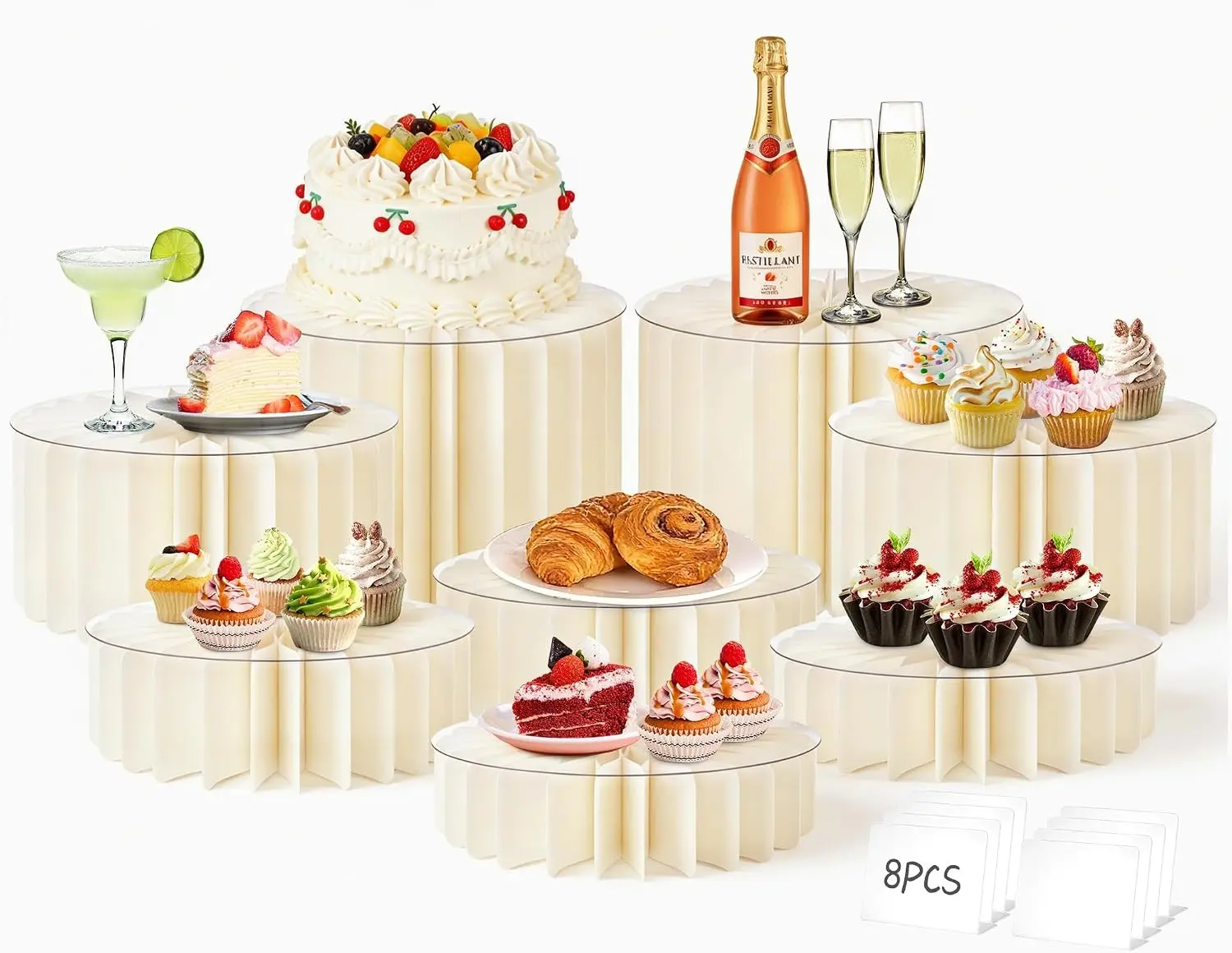 8Pack Foldable Buffet Risers Display Stands Cardboard Cylinder Stand for Food Cake Cupcake Dessert Display Set for Catering Jewelry Wedding Party Decor White
