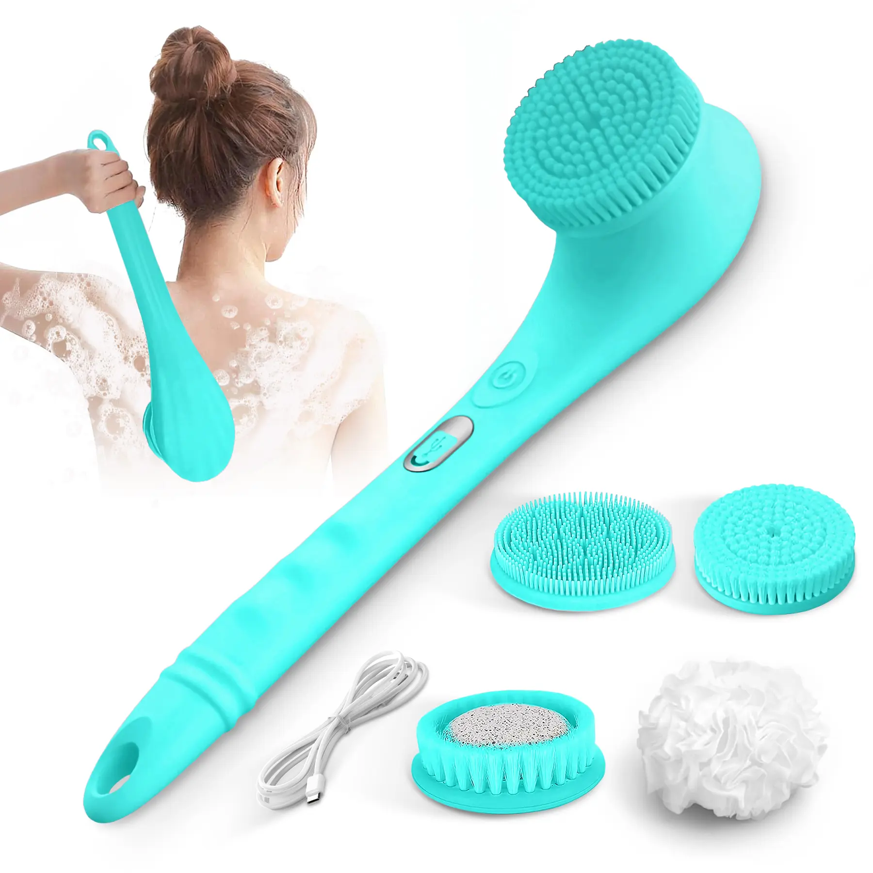 Rechargeable Waterproof Electric Bath Brush Back Scrubber - Adjustable Long Detachable Handle, 4 Deep Cleaning Body Brushes Heads, 2 Speeds, Silicone Body Scrubber, Pink Bristles, Batteries Included, Elderly-Friendly Bathing Accessory, All Skin Types, Wat