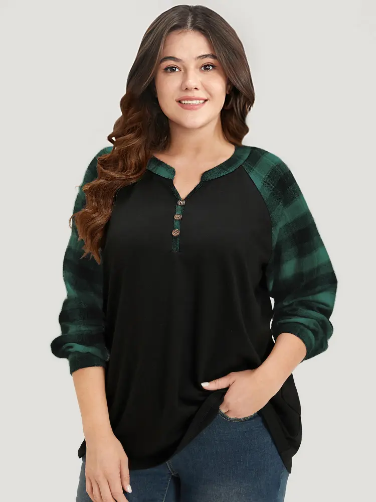 BloomChic Women's Casual Regular Fit Long-Sleeve Cotton Plaid Patchwork Notched Button Shirts Tops [M-6X] 2026 Summer Finds，SohoChic