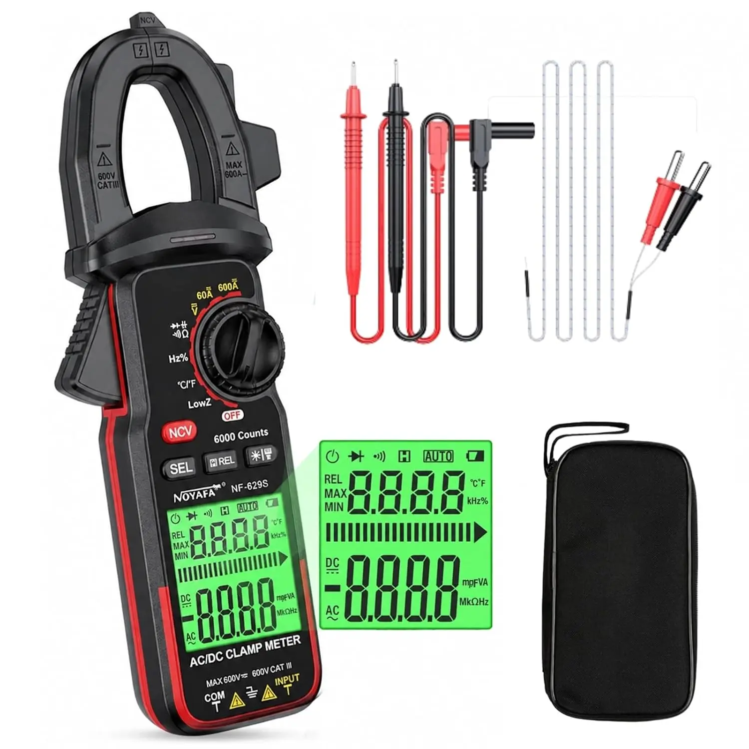 NOYAFA NF-629 Digital Clamp Meter Multimeter 6000 Counts TRMS Capacitance Multimeter for 600V AC/DC Voltage, High AC Current, Capacitance, Diode Test, Continuity Test, Temperature