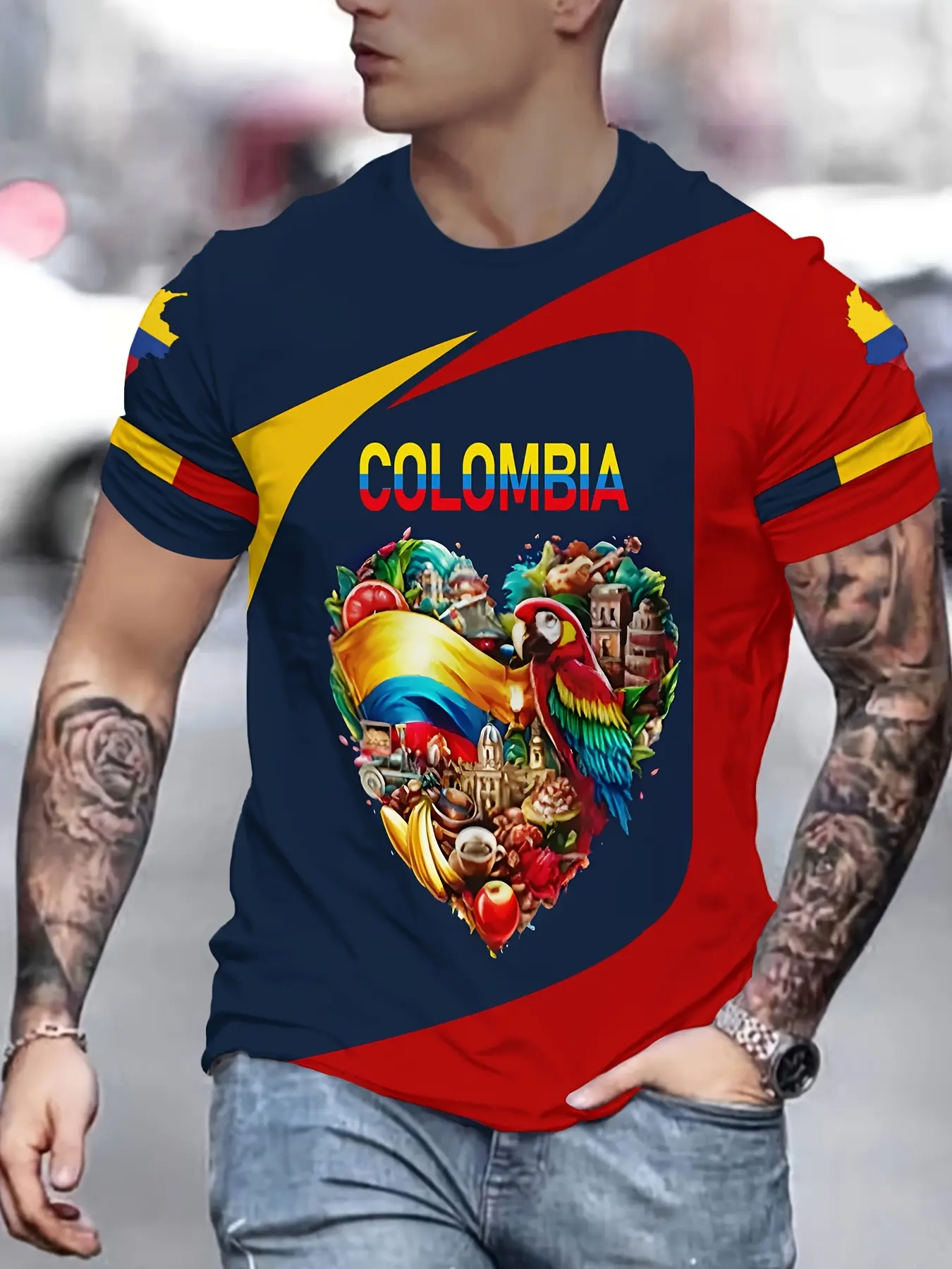 Men's New Style 3D Printed Columbia Fitted Long T-Shirt, Casual Round Neck Short Sleeve Top, Vibrant Graphic Design, Streetwear, Clothes