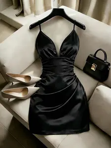 Coquette Sexy Satin Smooth Slip Dress V-Neck Ruched Waist Slim Fit Bodycon Mini Hot Girl Dress