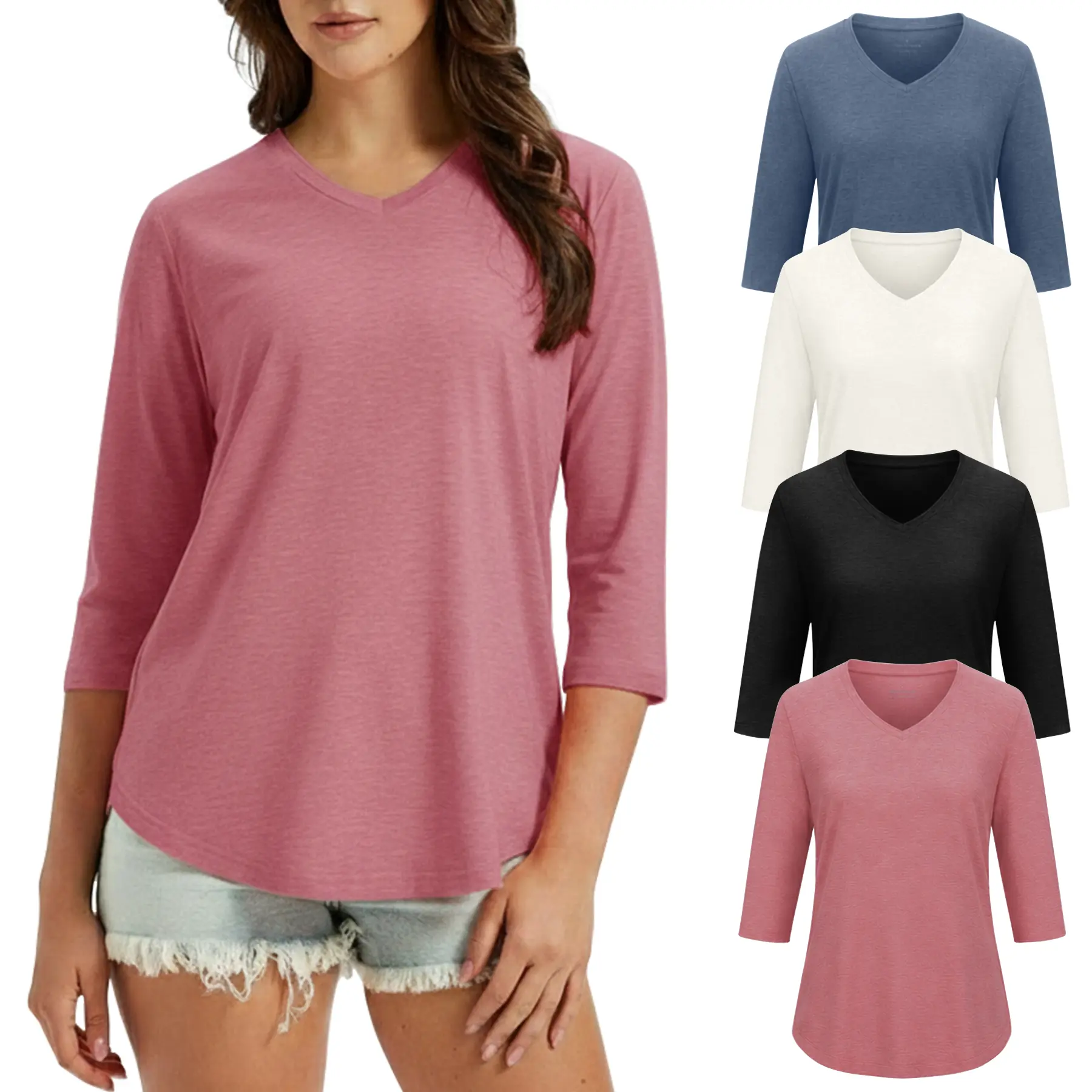 VILIGO 4 Pack 3/4 Length Sleeve WomensTops Basic Casual V Neck Flowy Loose Fit Plus Size PlainLoungewear Tops for Spring Summer Fall Clothes Womenswear Minimalist
