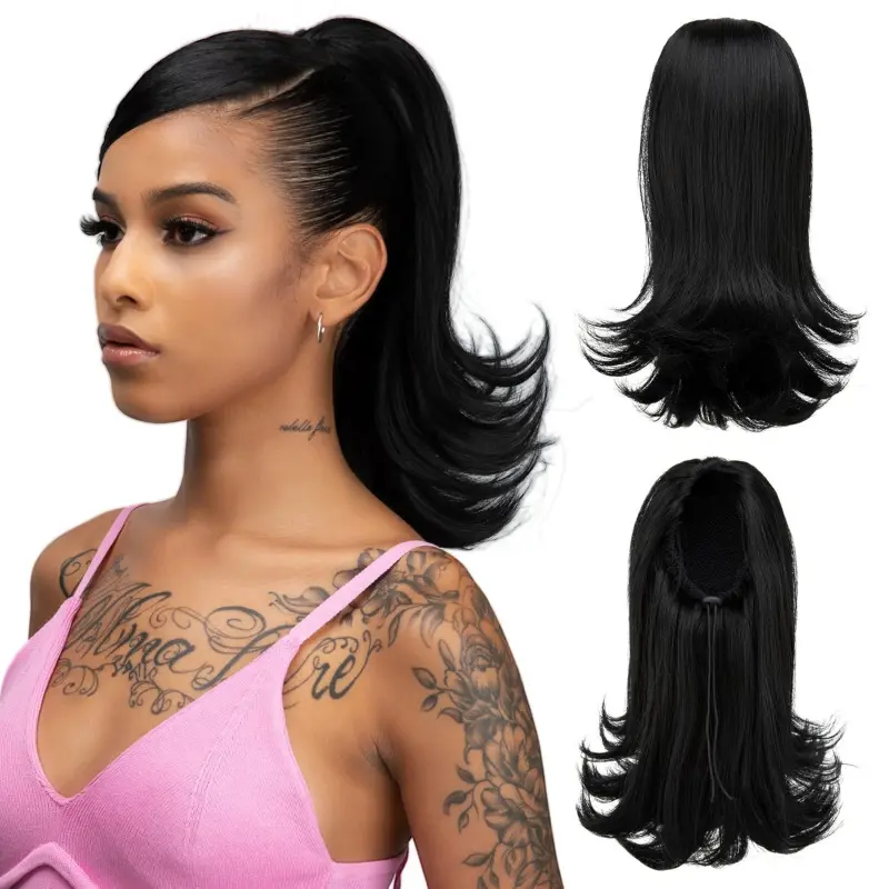 Women's Short Black Drawstring Ponytail Hair Extension, 14in Straight with End Curls, Synthetic Fake Hairpieces for Ponytail Hairstyles, Equipped with Comb, 14 In, Synthetic Hair Extensions