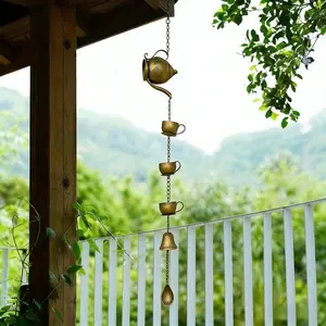 Vintage Boho Metal Teapot & Teacup Wind Chimes Rain Chains Aesthetic Farmhouse Garden Decor Soothing Sound Outdoor Backyard Patio Balcony Hanging Decor for Holiday Parties