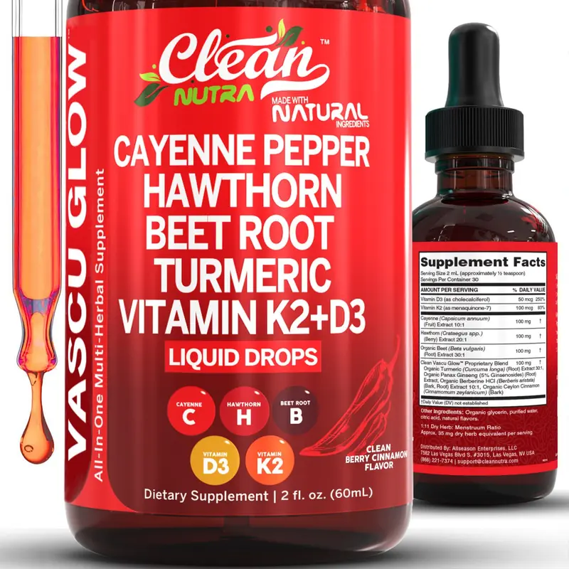 Clean Nutra Cayenne Pepper, Hawthorn, Beet Root,Turmeric, Vitamin D3 K2 & More for Wellness Liquid Drop – Vascu Glow