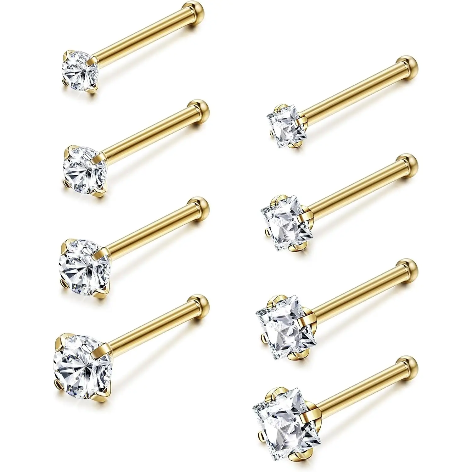 Milacolato 8-Piece 20G Classic Nose Piercing Studs, Hypoallergenic 316L Surgical Steel with 1.5-3mm Round & Square Zirconia Inlays & Ball Back, 9.0Mm Post Length, Geometric, Vacuum‑Plated Shine