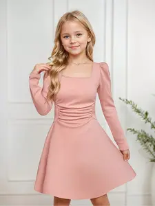 Girls Vintage Ruffled Belted Pleated Dress, Square Neck, Knee-Length, Spring Activities and Special Occasions, Girls' Clothing