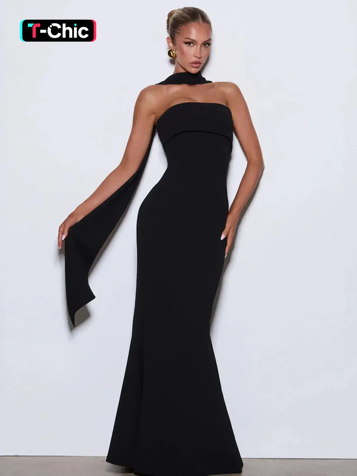 Women's Black Tie-neck Dress, Formal dress, Solid Ruched Sleeveless Strapless Backless Tube Dress & Halter Neck Scarf Ribbon Two-piece Set, Back Zipper Long Dresses, Cocktail Wedding Guest Outfit, Elegant Party Apparel, Formal Wear