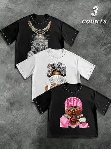 High Street Style Streetwear Rivet Hip Hop Print Short Sleeve Round Neck T-Shirt Set Top, Loose Fit Drop Shoulder, Comfortable Fabric, Trendy Aesthetic Men's Fashion