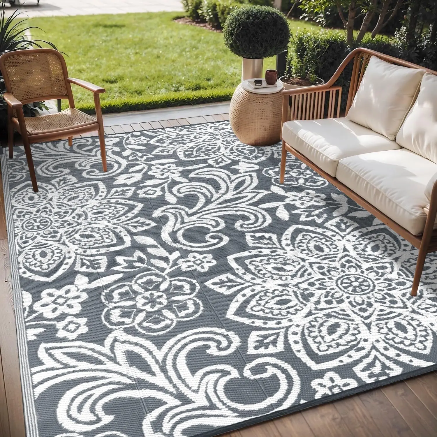 LOKHOM Reversible PVC Outdoor Mat - 9x12 ft Non-Slip, Waterproof, Heat-Insulating, Stain-Resistant Plastic Straw Rug for Balcony, Camping, Patio, Non Slip Rugs