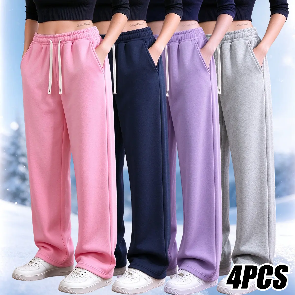 Women's 4-Pack Thick Mid-Rise Warm Fleece Trousers - Athletic Basic Bottoms, Cold-Resistant Minimalist Straight-Leg Long Pants, Premium Elegant Autumn/Winter Essential