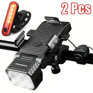 2-Piece 3-in-1 Bicycle Phone Mount Set with Electronic Horn, Safety Taillight, LED Headlight, Power Bank Function, 5 Lighting Modes, Easy Installation & Universal Compatibility - Bike Accessories
