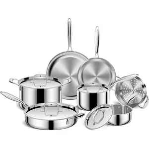 Pots and Pans Set, 3 Ply 11 count Stainless Steel Cookware Set, Oven Dishwasher Safe | Induction Compatible Frying Pans, Saucepans, Saute Pan & Stock Pot, PFOA Free Kitchen Skillet