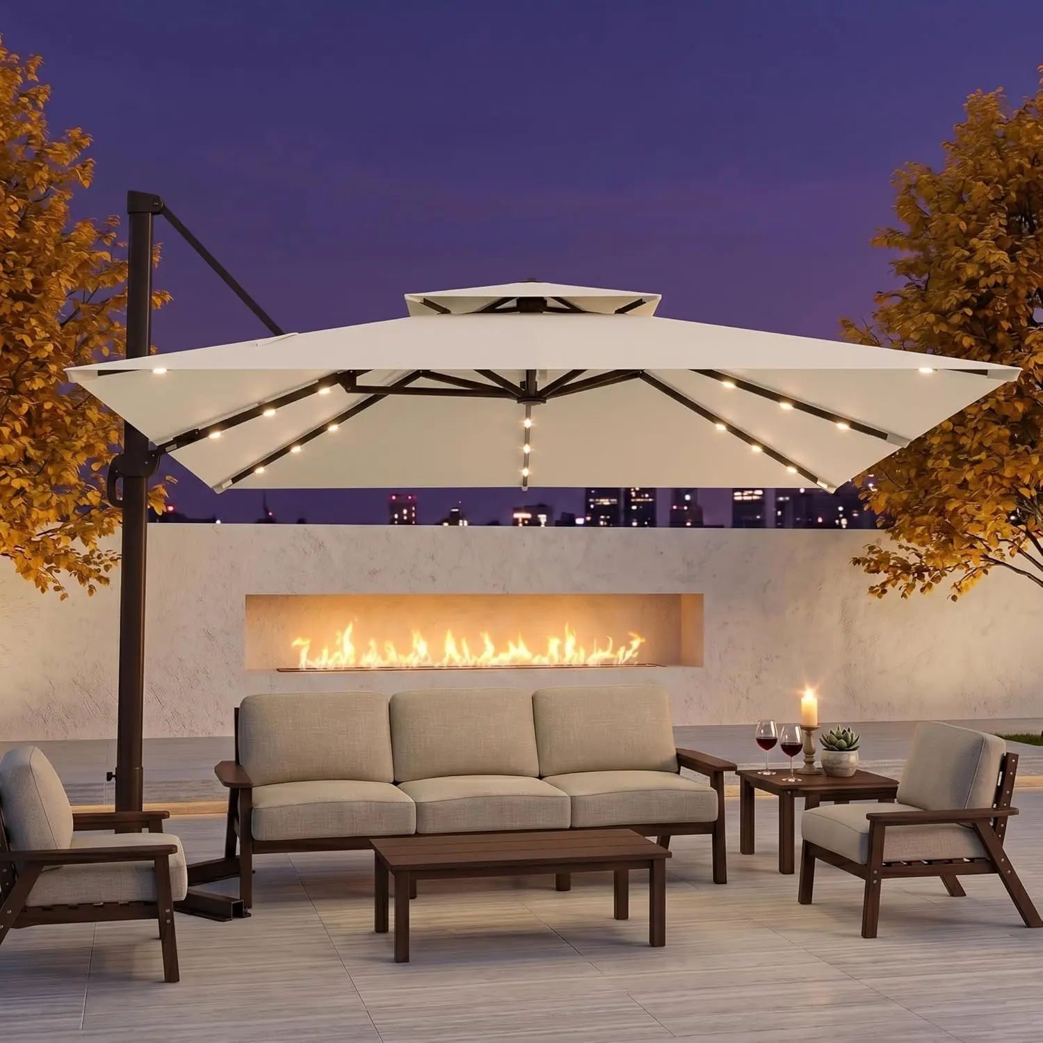 Patio Kingdom Cantilever Parasol - Solar LED Lights, 2-Tier Aluminum Offset Square, 360-Degree Rotation, Adjustable Sun Protection for Garden Deck (Base Not Included) Outdoor Patio Umbrellas