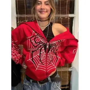 Women's Spider Web Print Zip Up Drop Shoulder Hoodie Jacket, Fashion Casual?Long Sleeve?Hooded Sweatshirt For Daily Outdoor Wear, Ladies Spring & Fall Clothes
