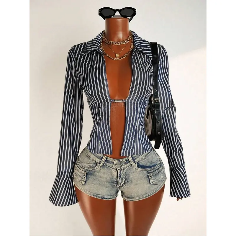 Women's Striped Blouse, Sexy Regular Fit Longsleeve Top in Polyester Fabric with Bell Sleeves, Collar, and Side Slits, Longsleeves, Woven, Short