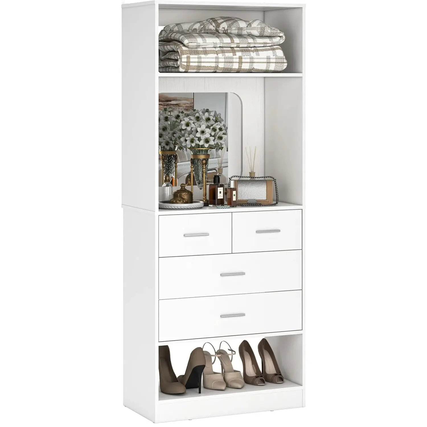 Unikito 25 Inch Closet System with 4 Drawers, 2FT Wood Closets Organizer with Storage Shelves and Mirror Design, Freestanding Sturdy Walk in Closet Tower for Bedroom, 25" W x 16" D x 80" H, White closet  organizer  system
