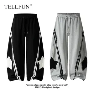 TELLFUN Men's Baggy Sweatpants, Y2K High-Waist Panel Barrel Style, Oversized Wide-Leg Fit, Star Patch & Studded Stripe Detail, Unisex Streetwear Outfits