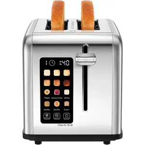 2 Slice Toaster Touch Screen 1.5" Wide Slot, Stainless Steel  Bread Toaster for Bagel Muffin Waffle Gluten Free Breads, Timer, Defrost, Reheat, 120V 825W