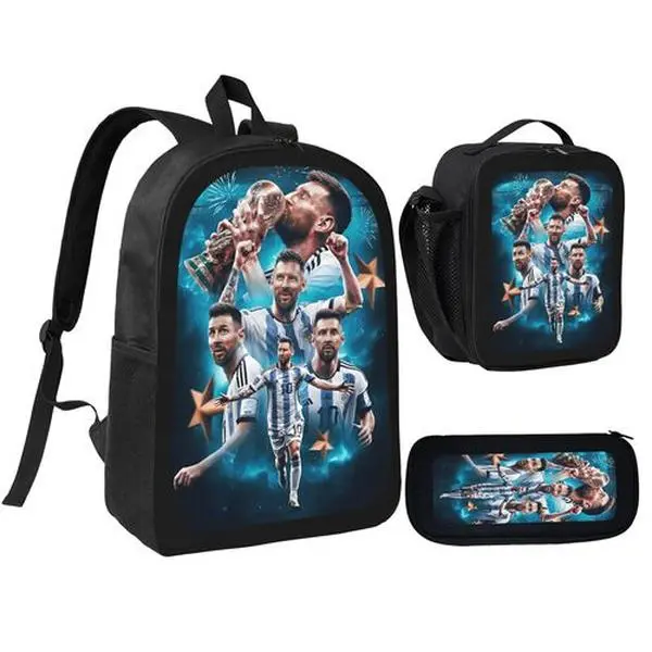 3pcs Messi Backpack Soccer Backpack Set for Men Women Lightweight Laptop Backpack, Lunch Bag and Pencil Case